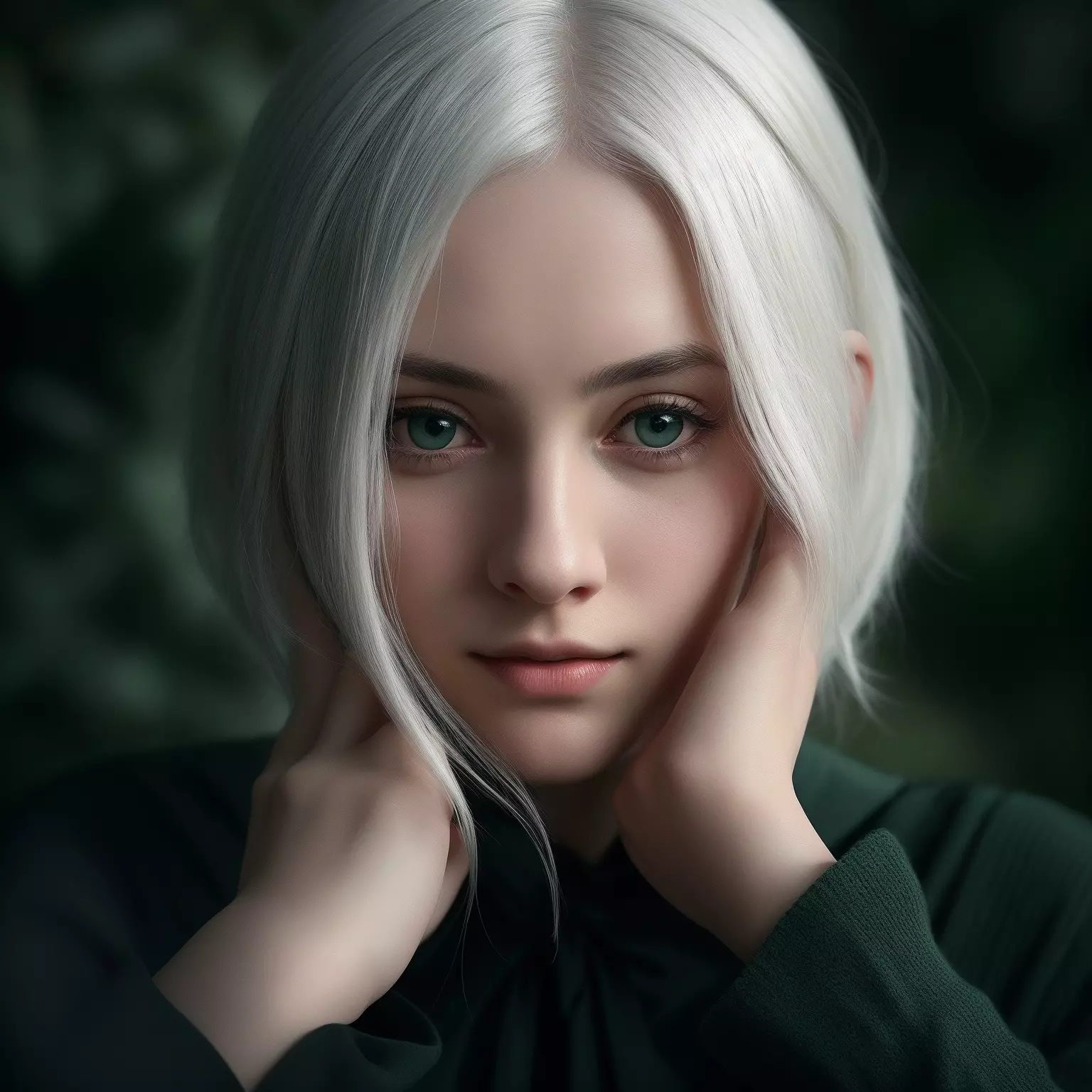 Woman with white hair and green eyes touching her face